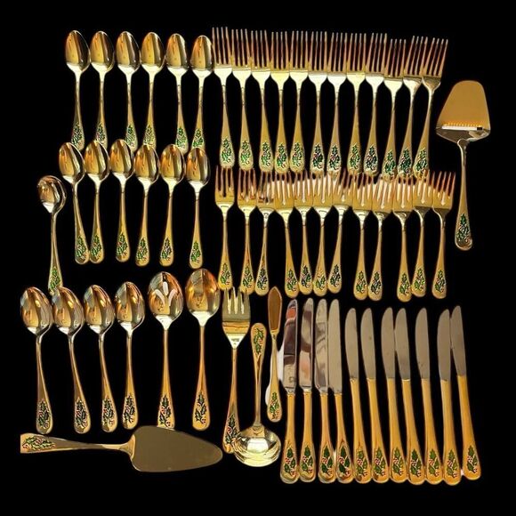 SET OF 51 JAPAN STAINLESS STEEL GOLD TONE HOLLY CHRISTMAS UTENSILS FLATWARE - Picture 1 of 5